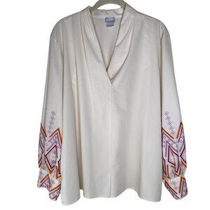 Chicos 3 Blouse Women Size 16 US  Cream With Embroidered Pink Patterned Sleeves